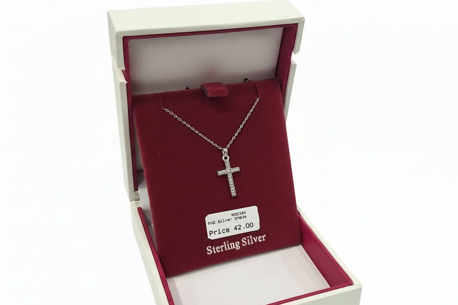 Sterling Silver Cross Necklace With Clear Stones