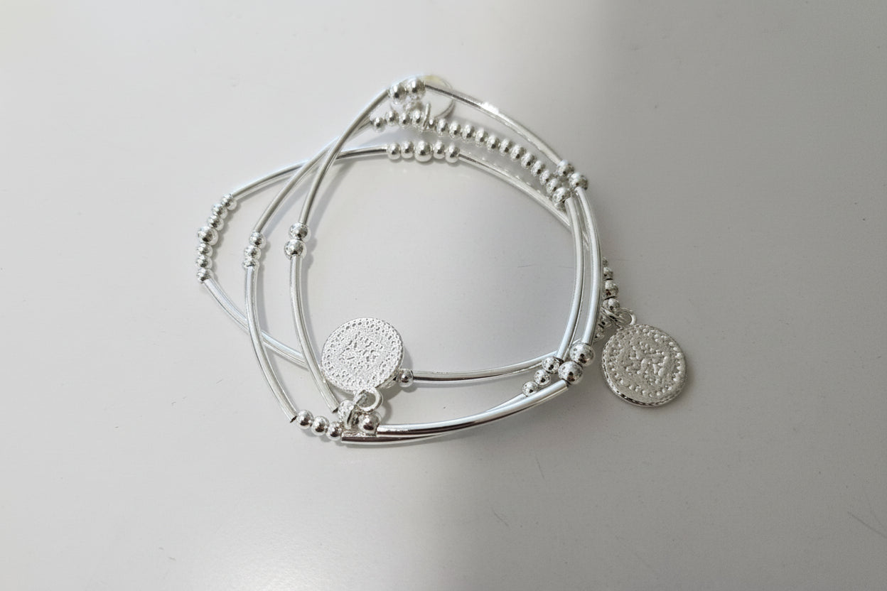 Silver 3 Beaded Bracelet with Silver Discs