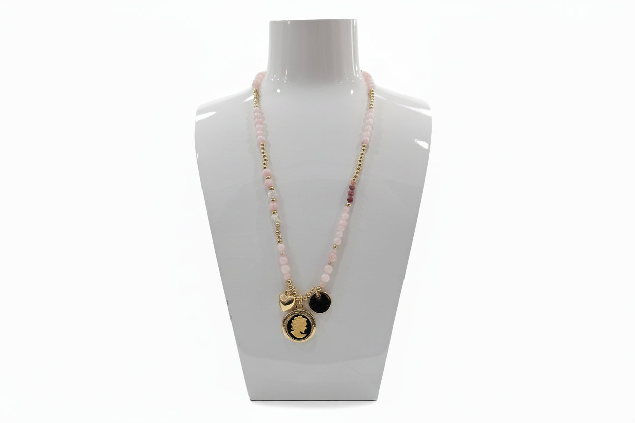 Long Gold Necklace with Coin & Disc, Pink & Clear Stones