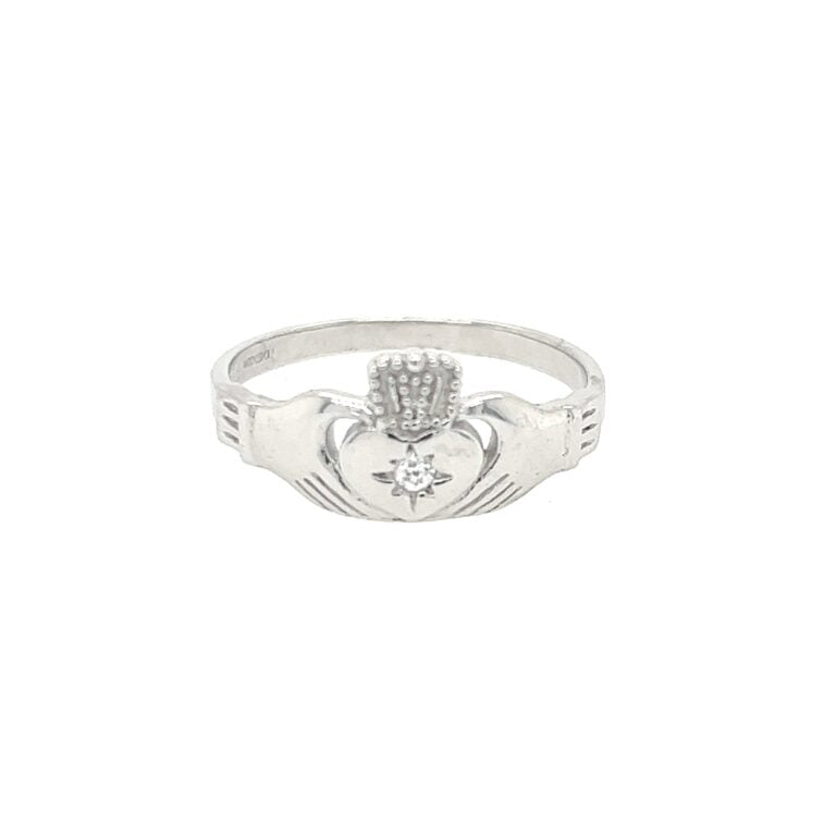 Cailín Sterling Silver Claddagh Ring with Small Clear Stone
