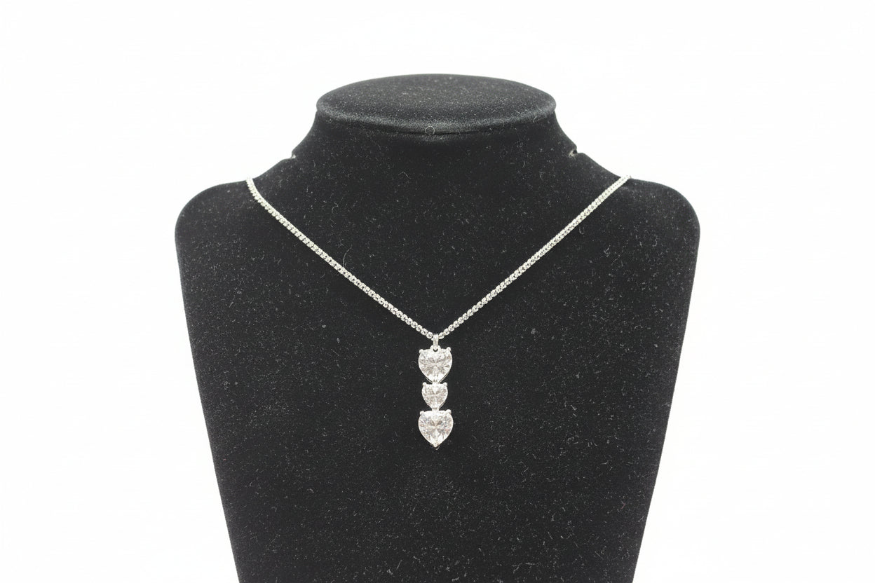 Silver Necklace with 3 Drop Heart Shape Cubic