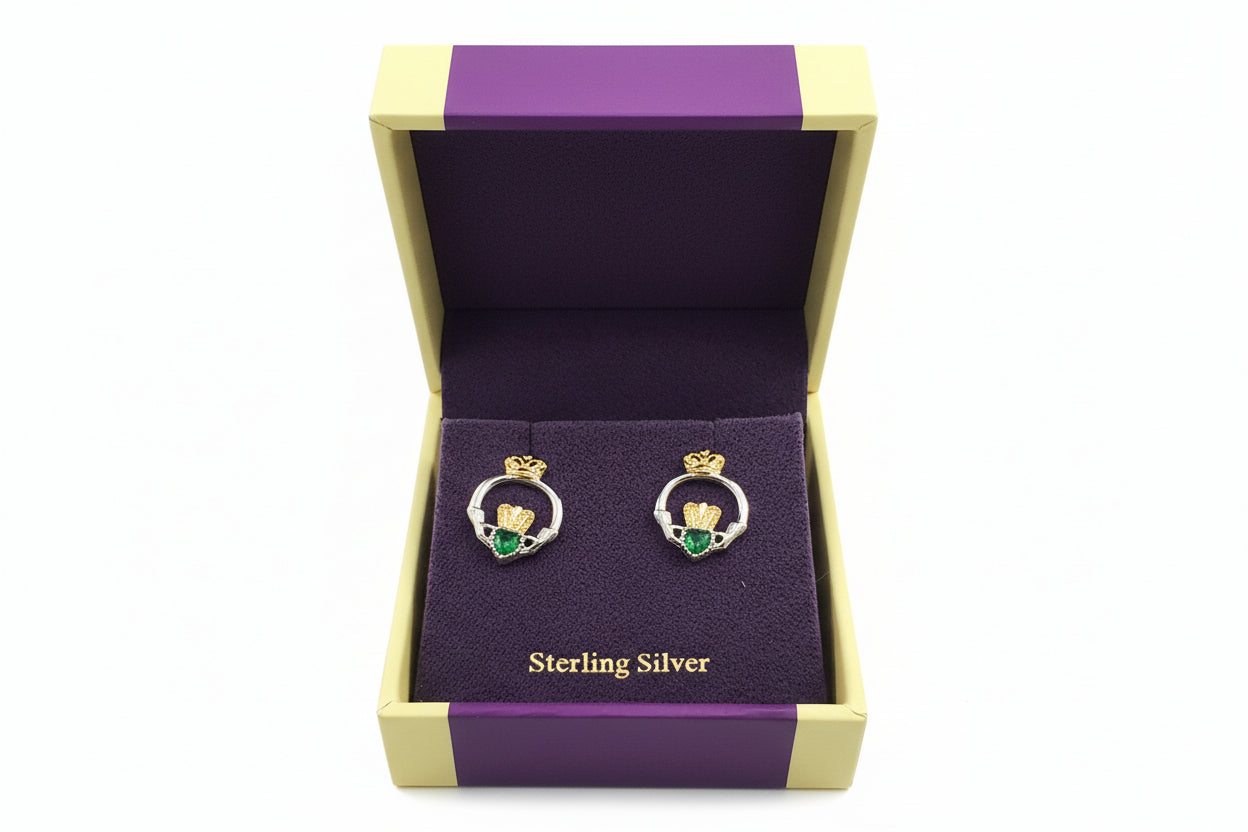 Silver Claddagh Earrings with Green Stone