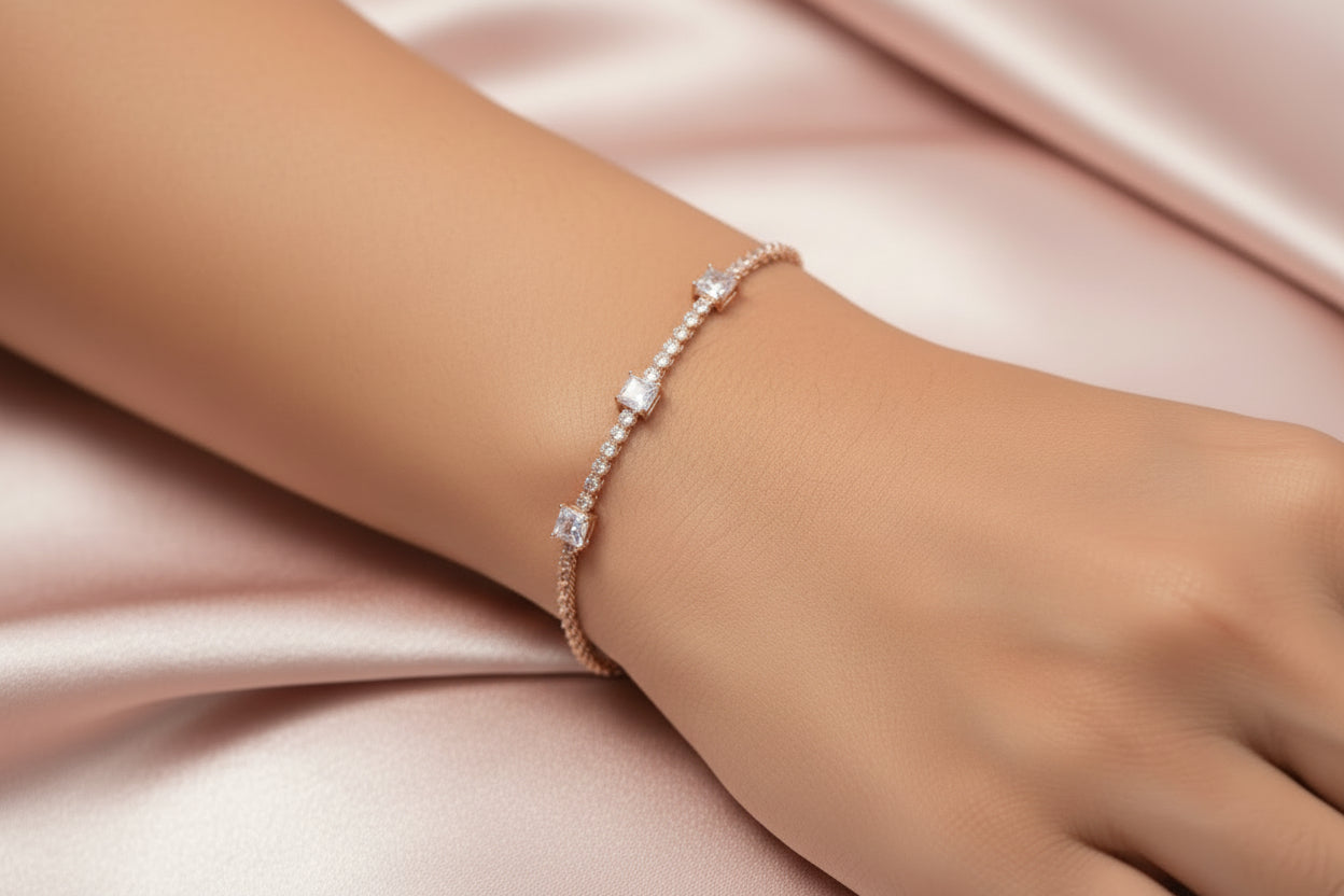 Rosegold  Plated  braclet with clear square  & round stones