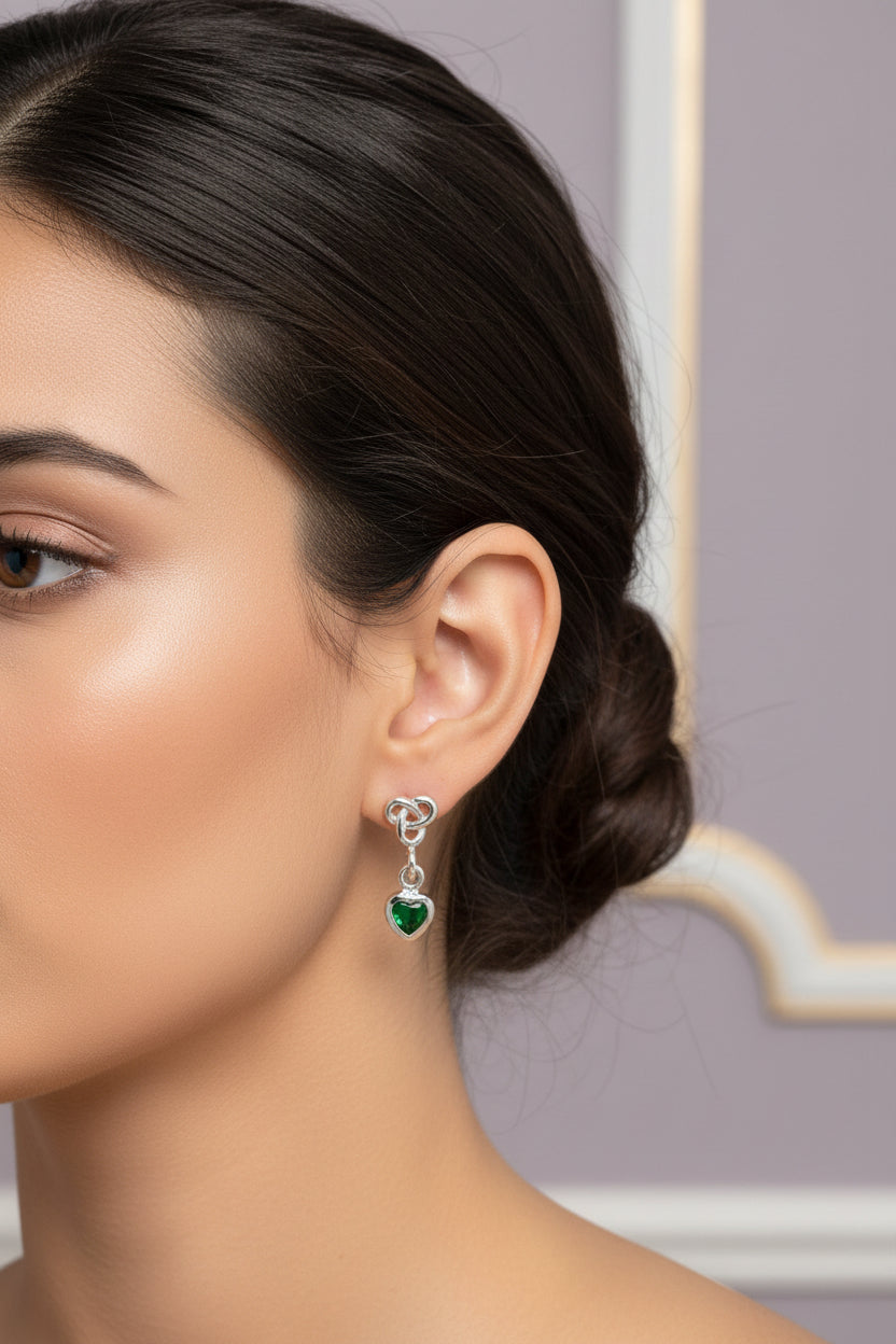 Silver Trinity  earings with green stone