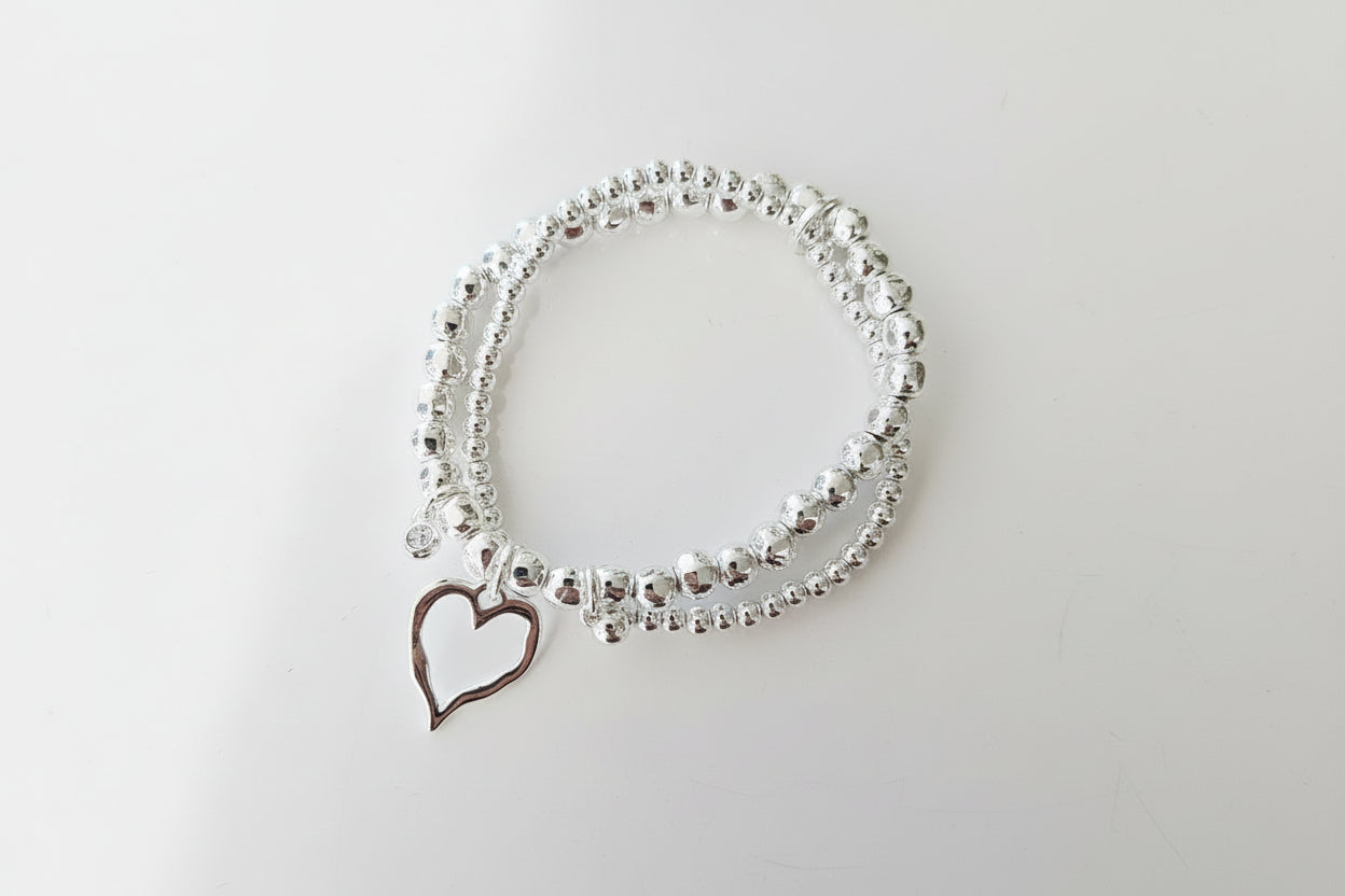 Silver Double Beaded Bracelet with Heart Charm