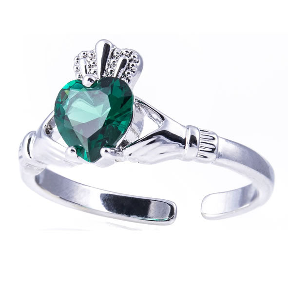 Silver Claddagh with Green Stone Adjustable