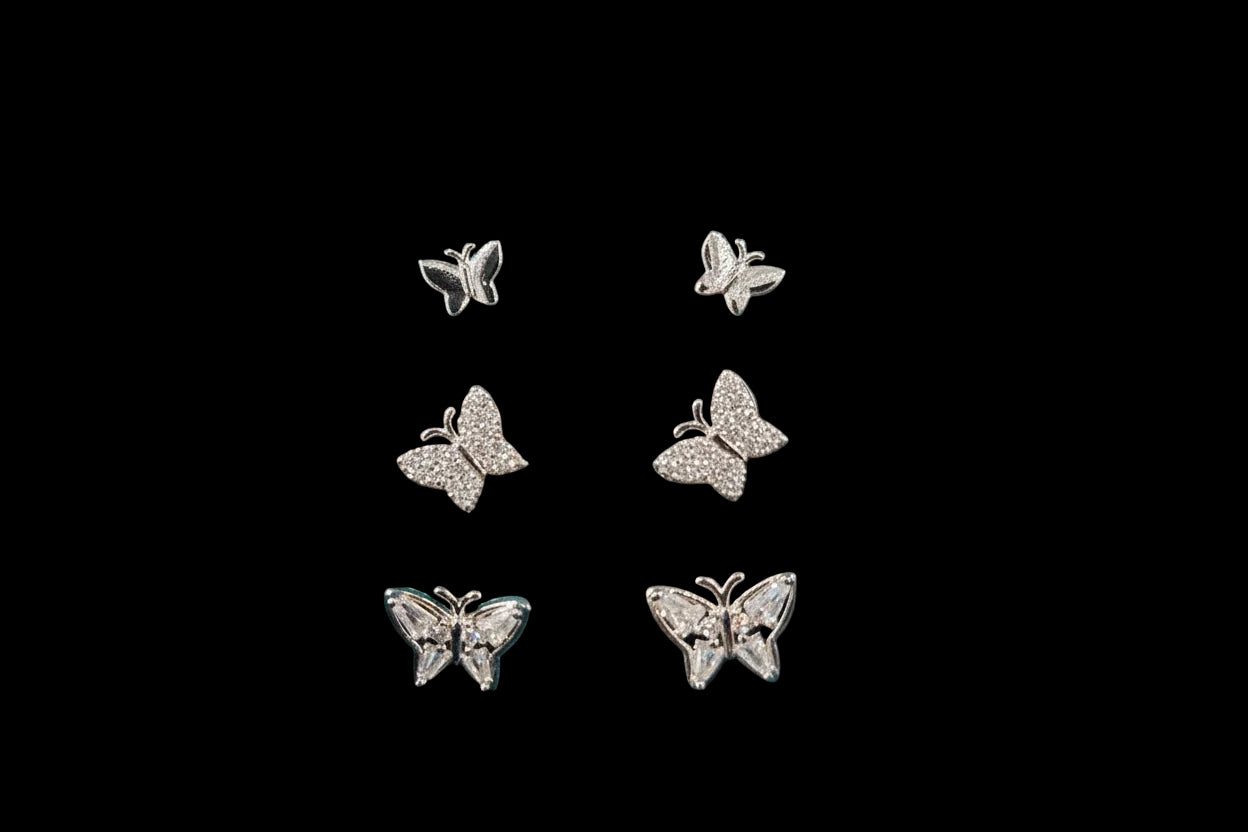 Silver & Diamanté Butterfly Earrings Set of 3 Stud Earrings