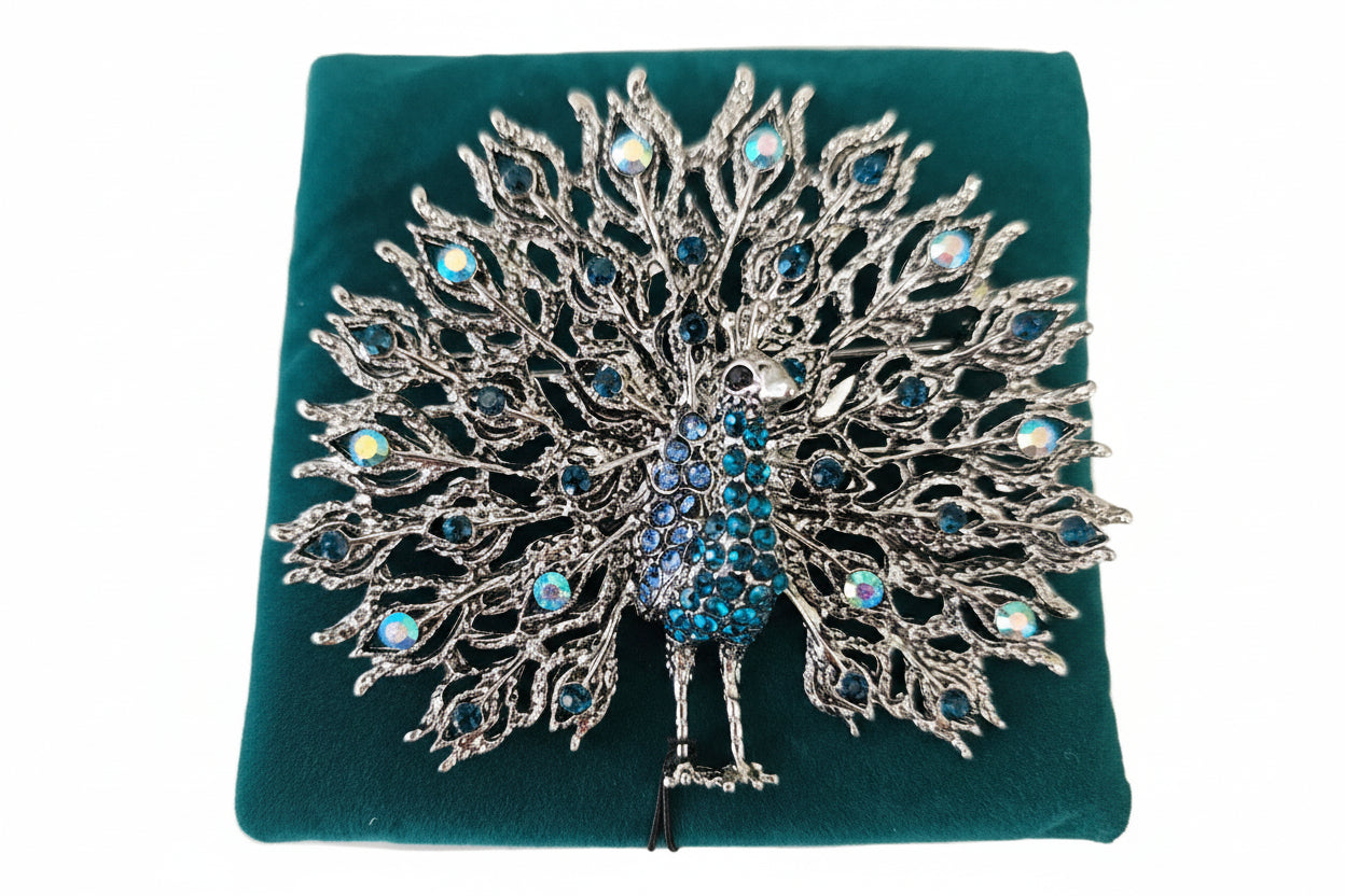 Silver Peacock with Blue Stones Brooch