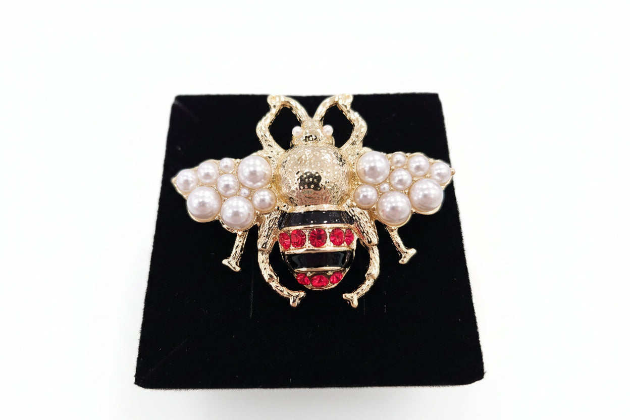 Gold Bee Brooch with Pearl & Ruby