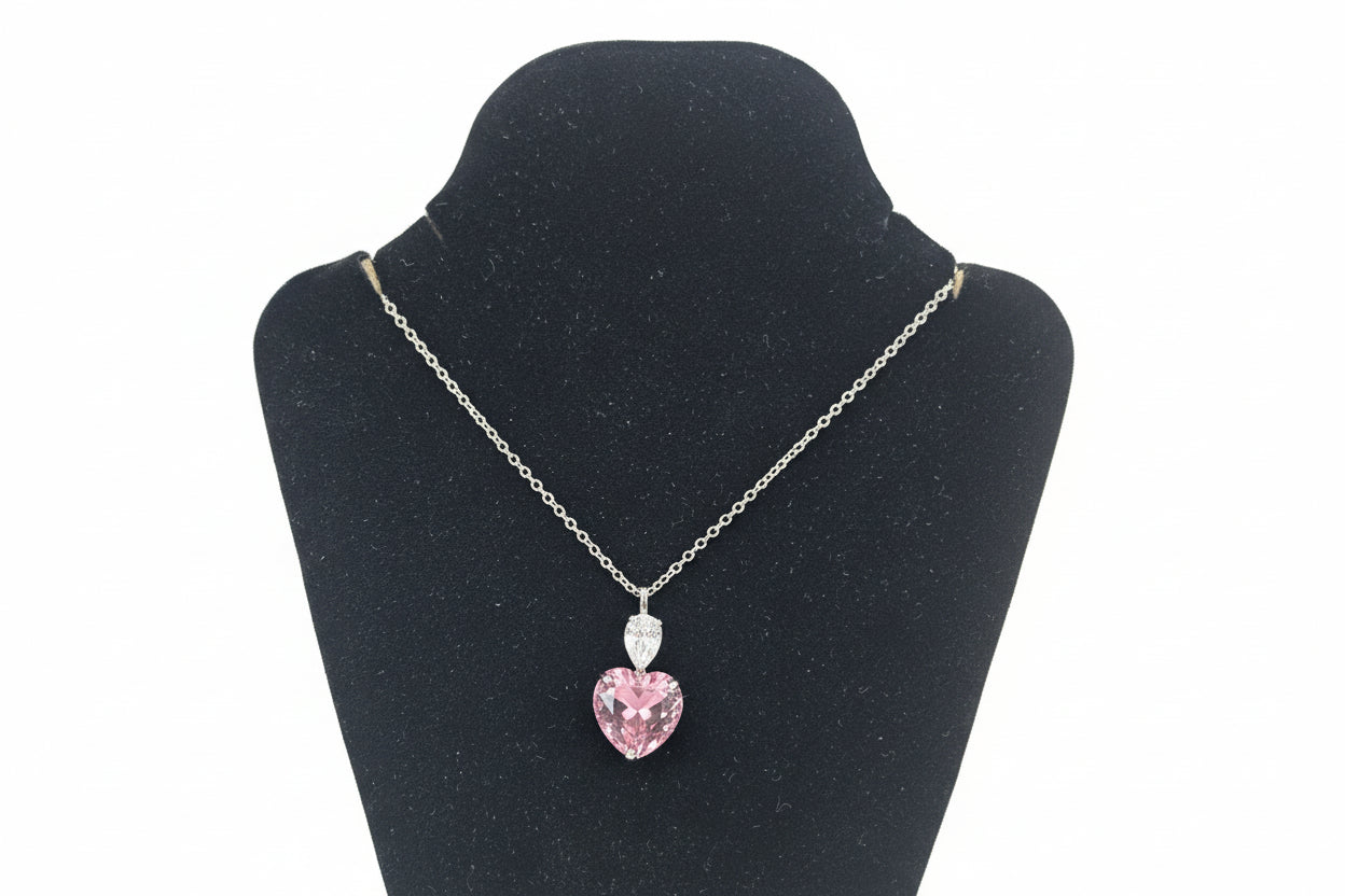 Silver Necklace with Pink Heart Shaped Stone
