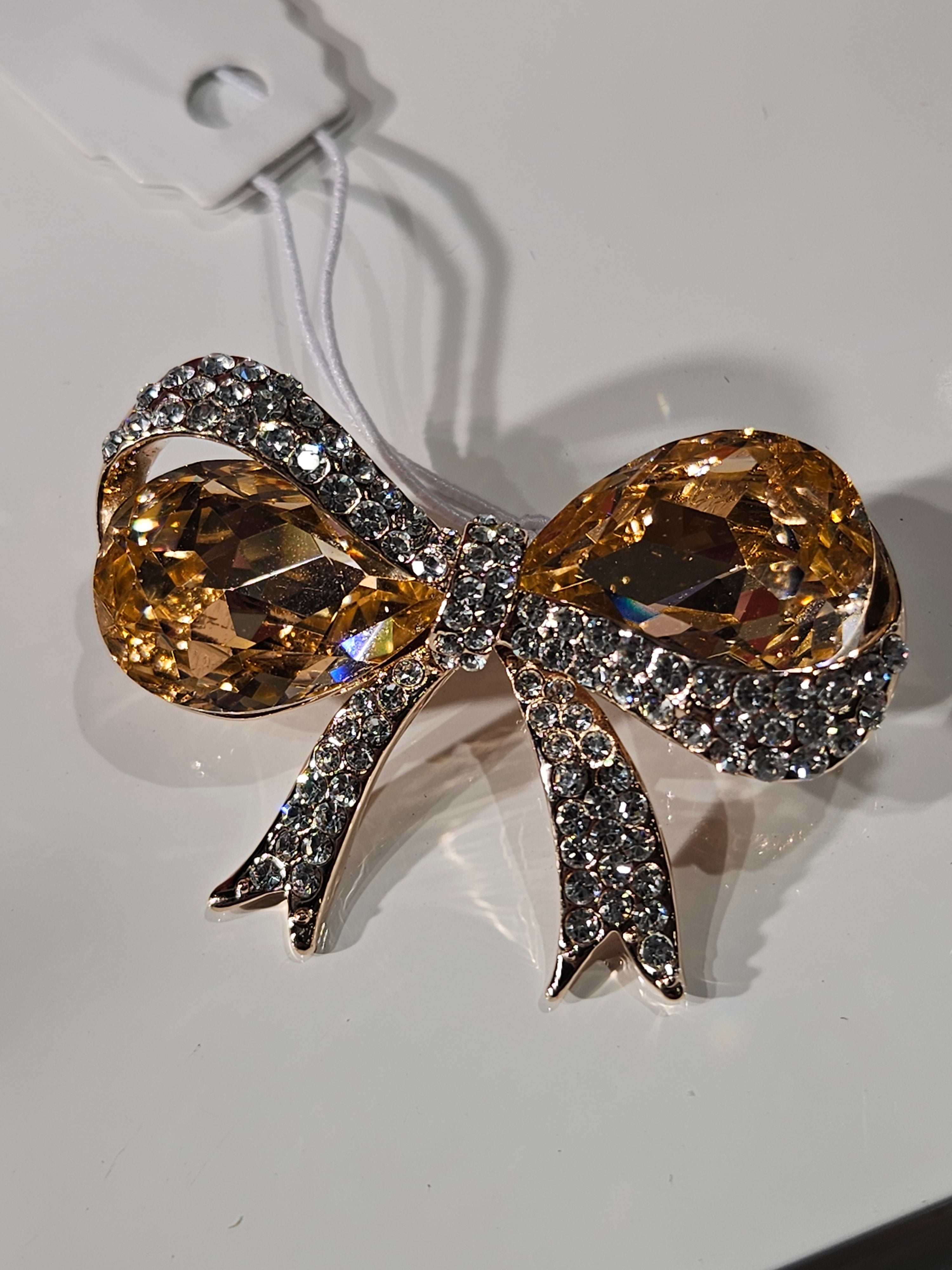 Absolute Amber & Crystal Rosegold Plated Bow Brooch