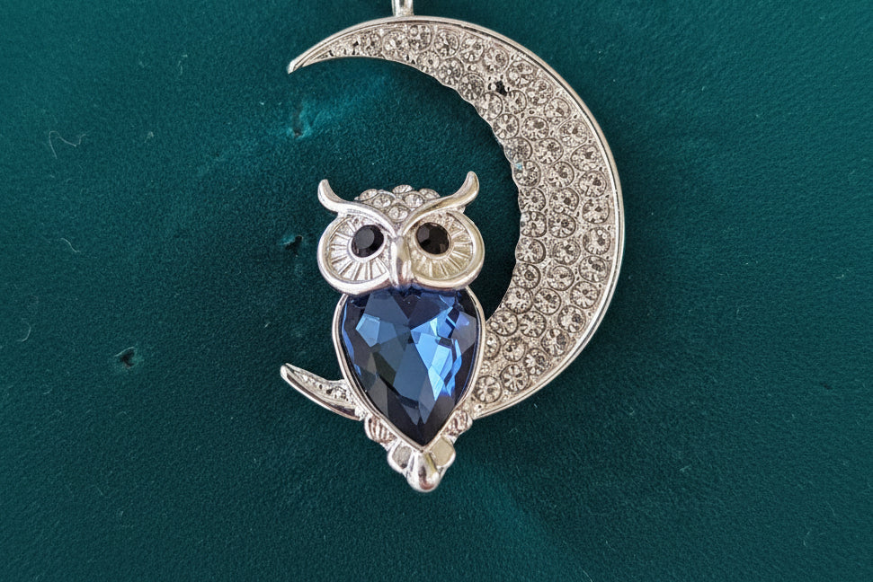 Silver Brooch with Owl on Moon