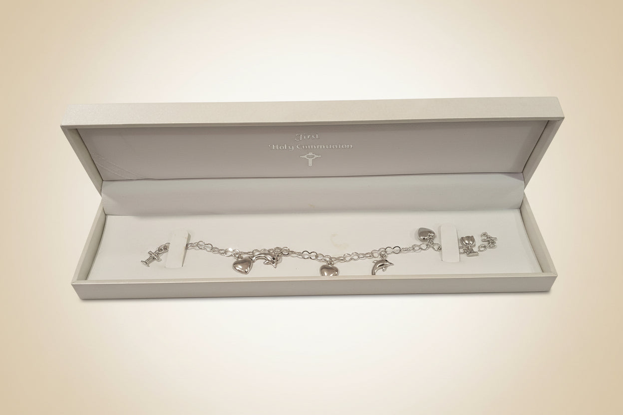 Communion Sterling Silver Dolphin & Heart Charm Bracelet
