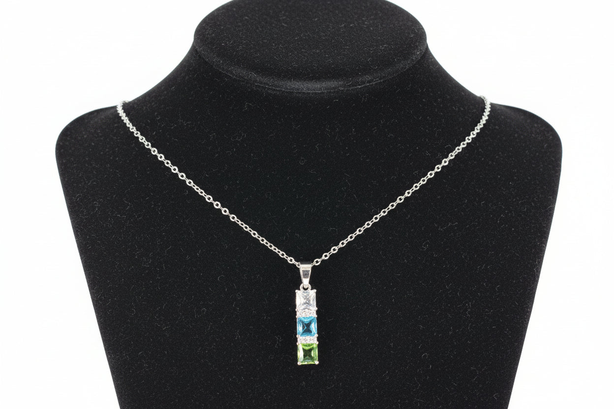 Silver Necklace with Clear, Blue & Green Drop