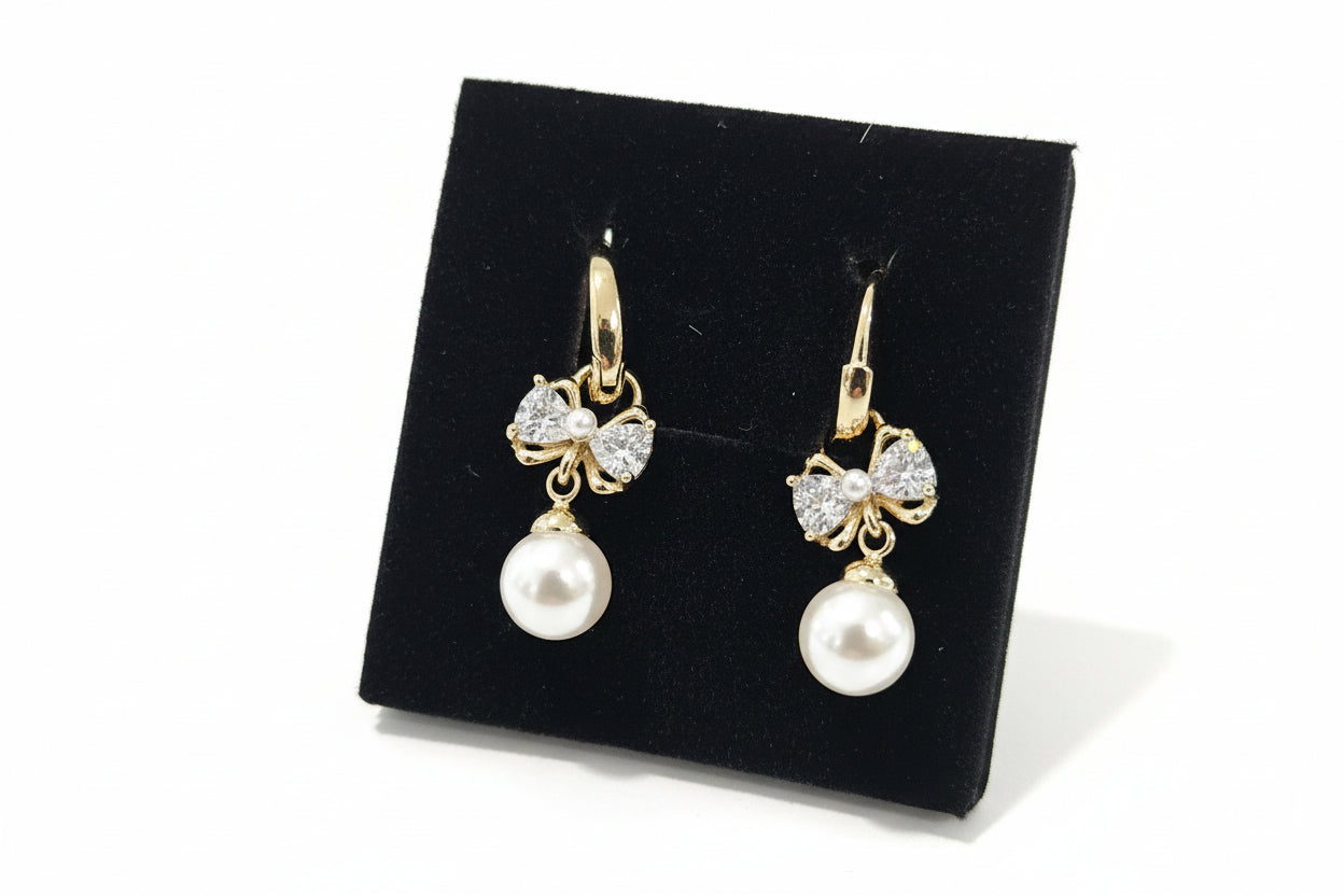 Gold Pearl Drop Bow Earrings
