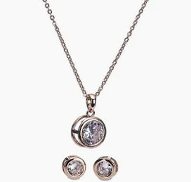 Rose Gold Large White Stone Necklace & Earring Set