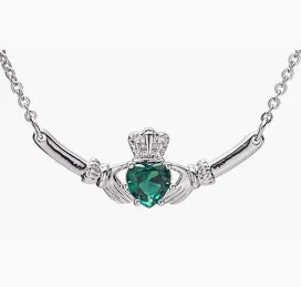 Newgrange Silver Claddagh Pendant with Green Diamond