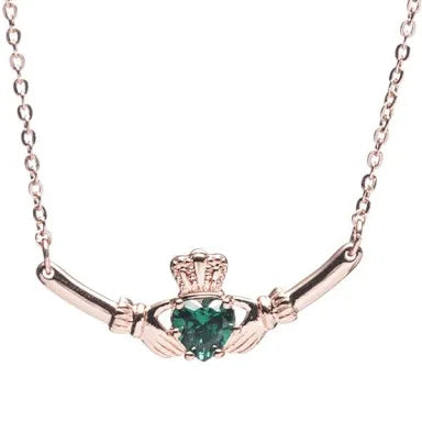 Newgrange Rosegold Claddagh  Necklace with Green Stone