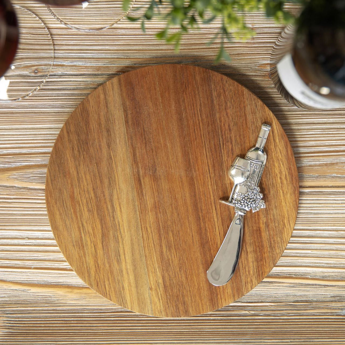 Round Acacia Cheese Board with Spreader Wine Bottle Design